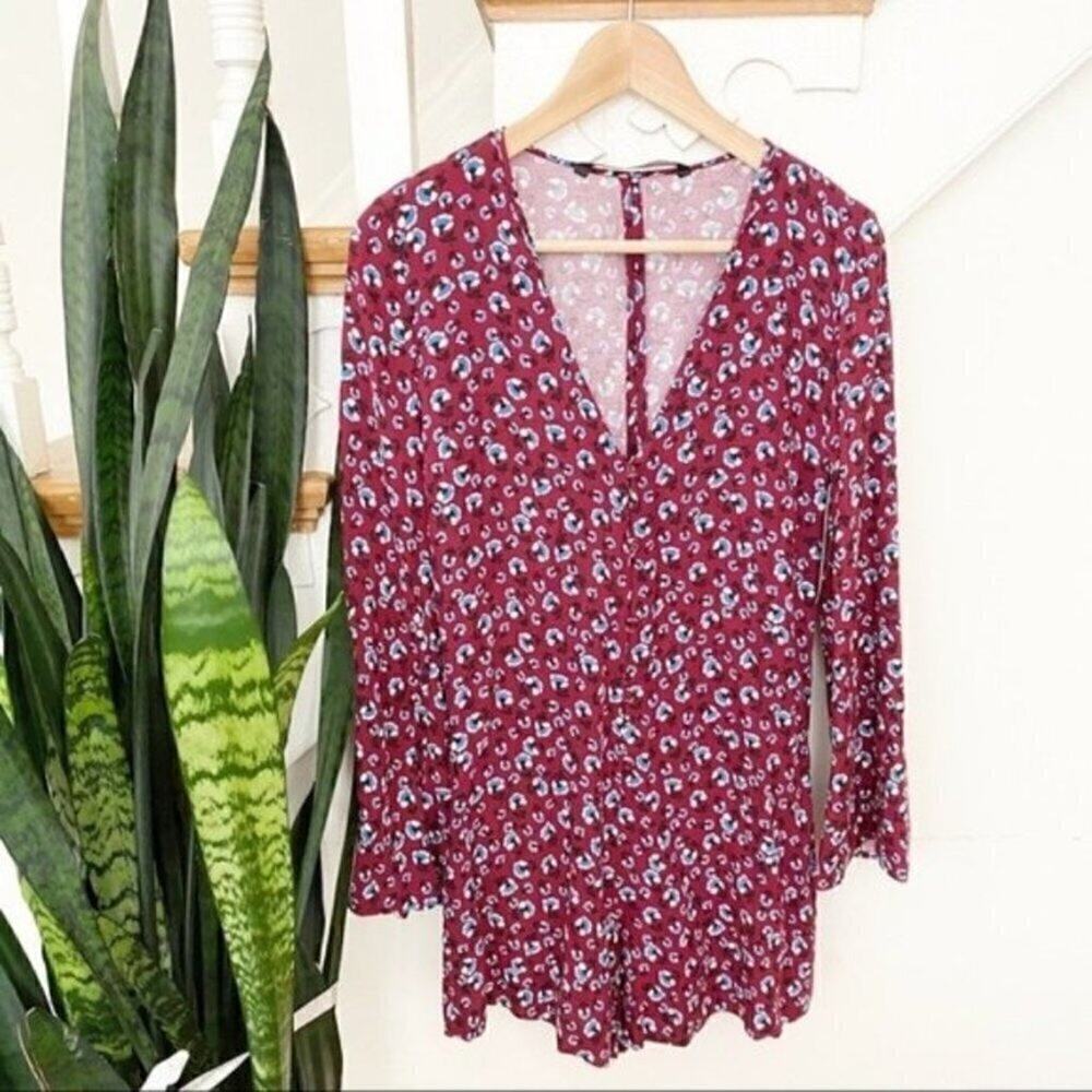 ZARA maroon floral pattern romper button front XS